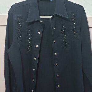 Lafei Nier Whimsigoth Black Floral Embroidered Button Up Shirt